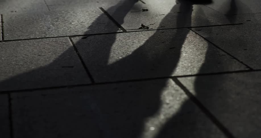 Person casts shadow while walking across a tiled path