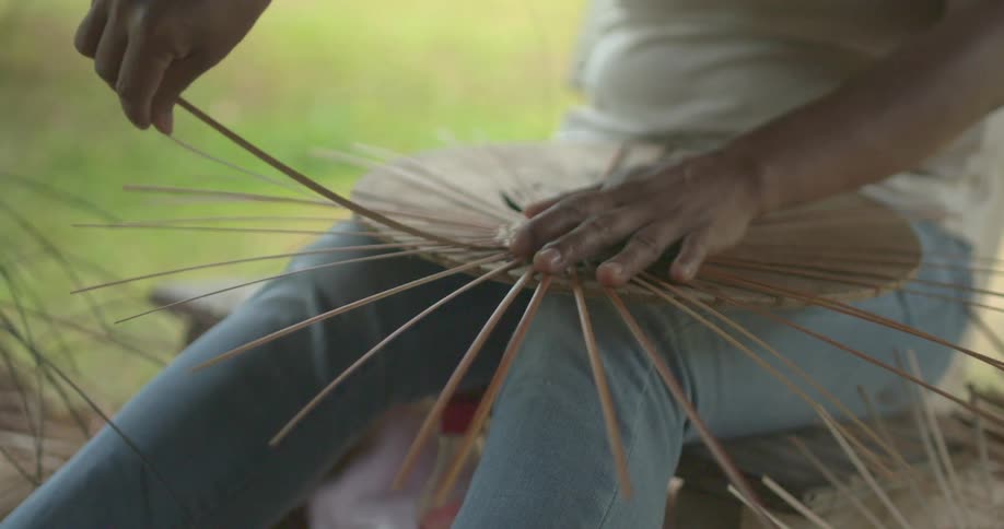 A person is sitting arranging something