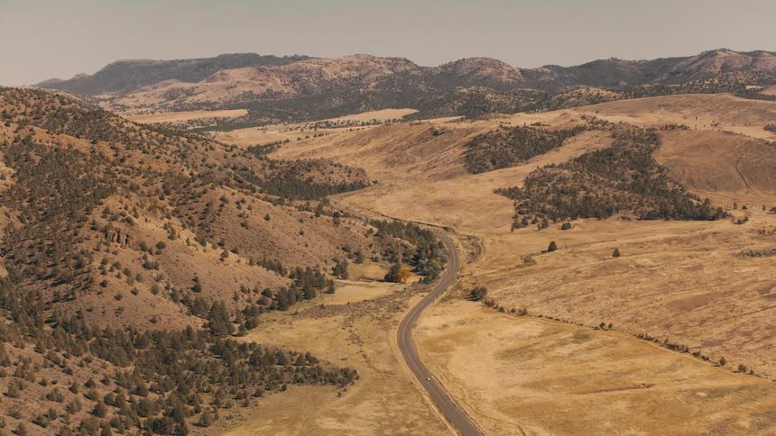 A winding road cuts through a vast arid landscape of rolling hills and sparse vegetation under a clear sky