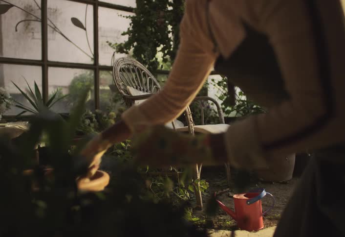 A person is tending to plants in a greenhouse with a watering can and various potted plants visible and sunlight streaming through the windows