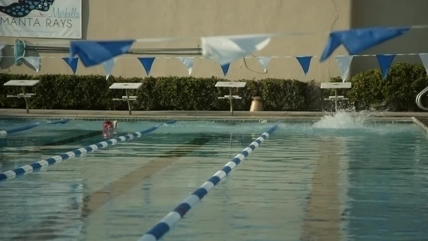 Swimmers dive into a swimming pool
