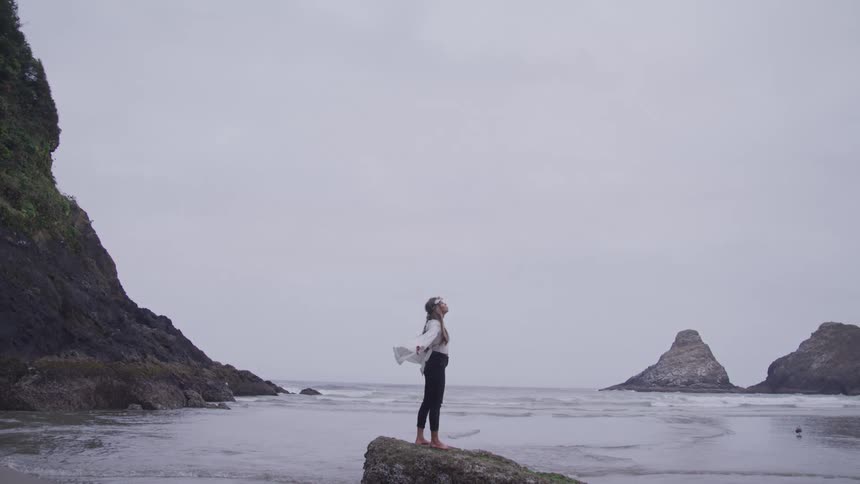 A woman is standing on the shore on a cloudy day