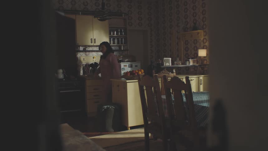 A woman places an item in the kitchen cabinet