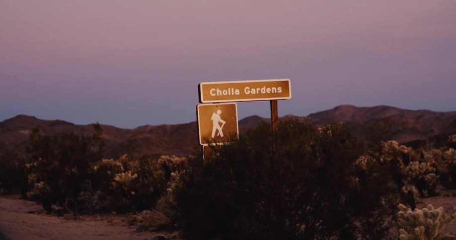 A cholla gardens sign with an accompanying hiker symbol stands in a desert landscape against a dusky sky