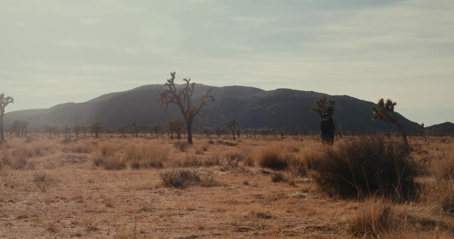 Two people walk through the desert on a cloudy day