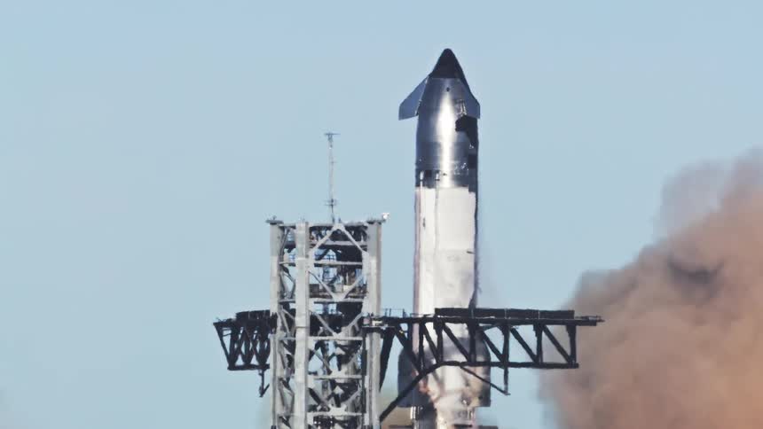 Rocket taking off with engine showing fire and smoke