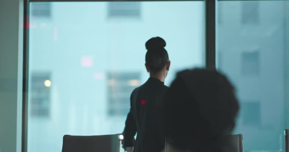 A businesswoman is standing in a meeting room gesturing expressively while speaking with a large window showing a cityscape in the background