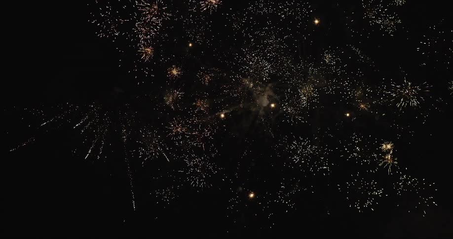Fireworks explode in the night sky leaving bright trails of light