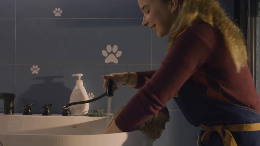 Woman in a pet shop apron bathing a dog in a bathtub