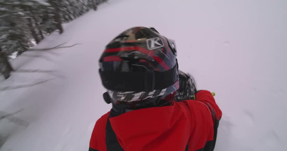 Person riding a snowmobile through an area with snow and trees