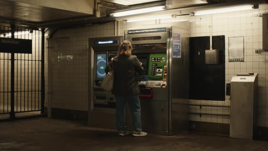 A woman buys a train pass in the subway