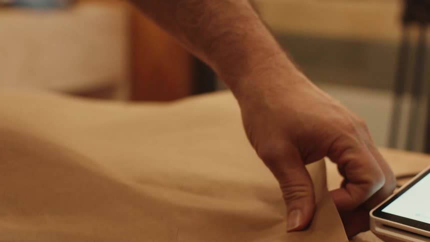 Objects being placed inside a brown paper bag