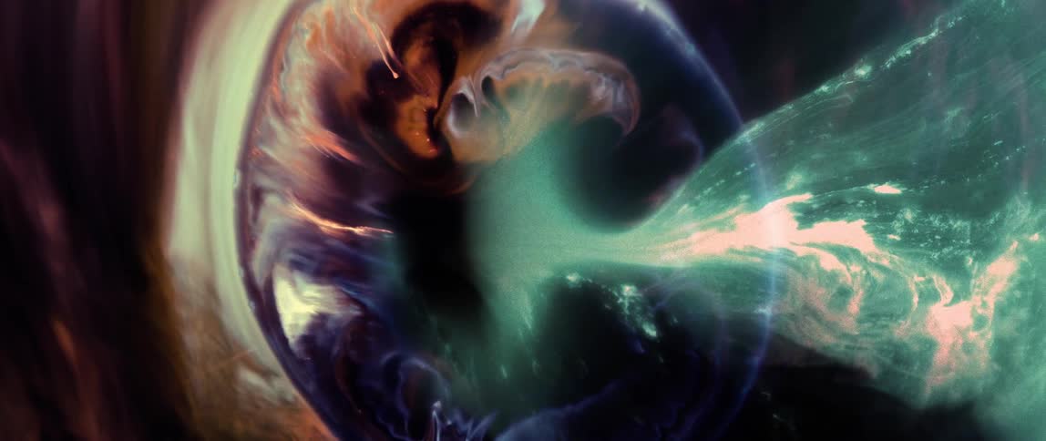 Abstract composition with fluid shapes combining shades of green blue and orange