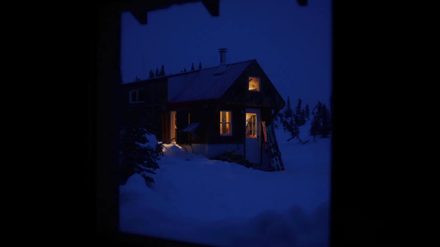 A small cabin glows with warm light in the windows nestled in a dark snowcovered landscape at twilight until the lights turn off