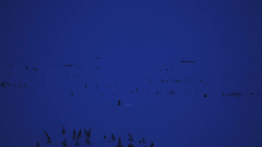 A lone figure is walking through a snowy landscape under a dark blue sky surrounded by sparse trees and distant hills