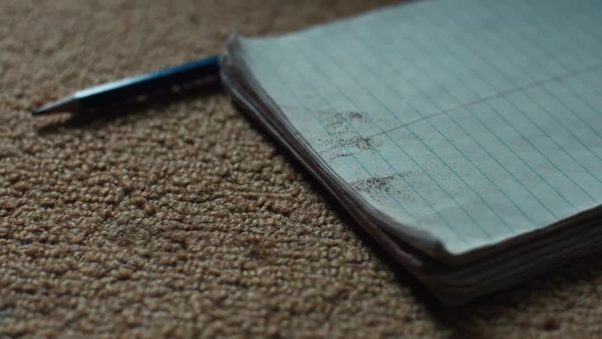 A lined notepad and a blue pencil lie on a brown carpet