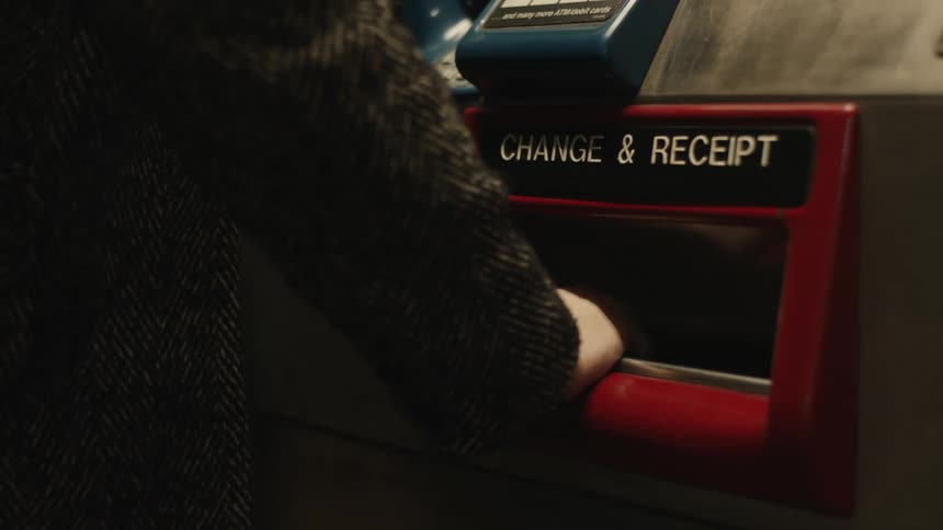 Persons hand picking up an object inside an atm