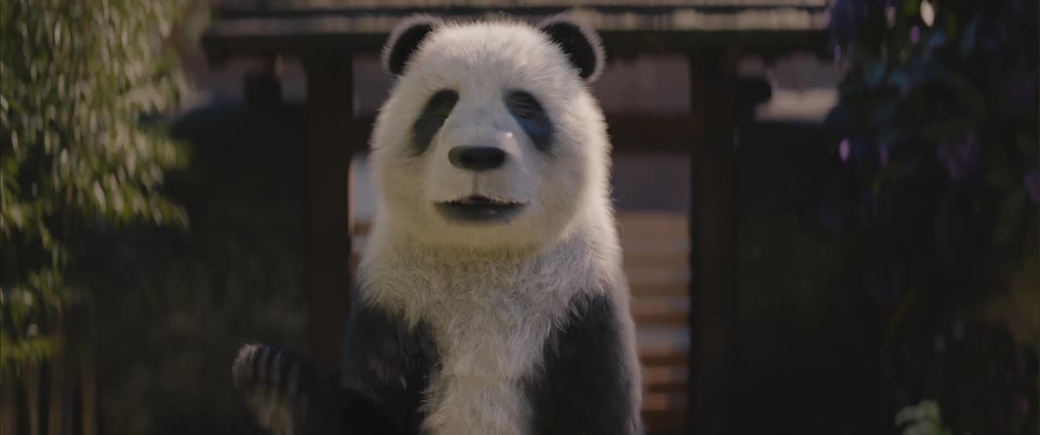 Panda with animated expression raising paw in traditional setting