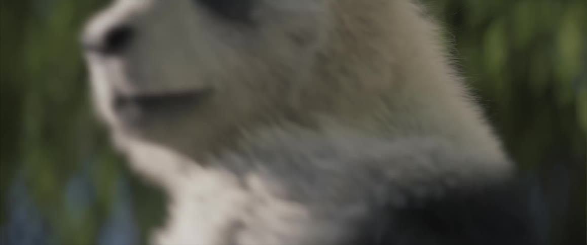 A cgianimated panda looking at a smartphone and walking surrounded by lush vegetation