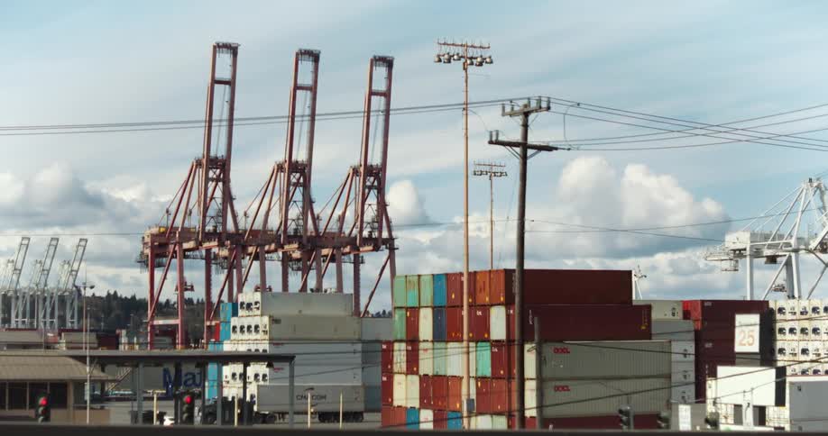 A busy port with large white cranes surrounded by stacked shipping containers