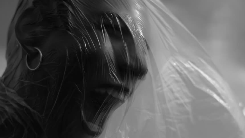 A mans face with a hoop earring and his mouth is open and there is a plastic wrapped around his head and everything is in black and white tones