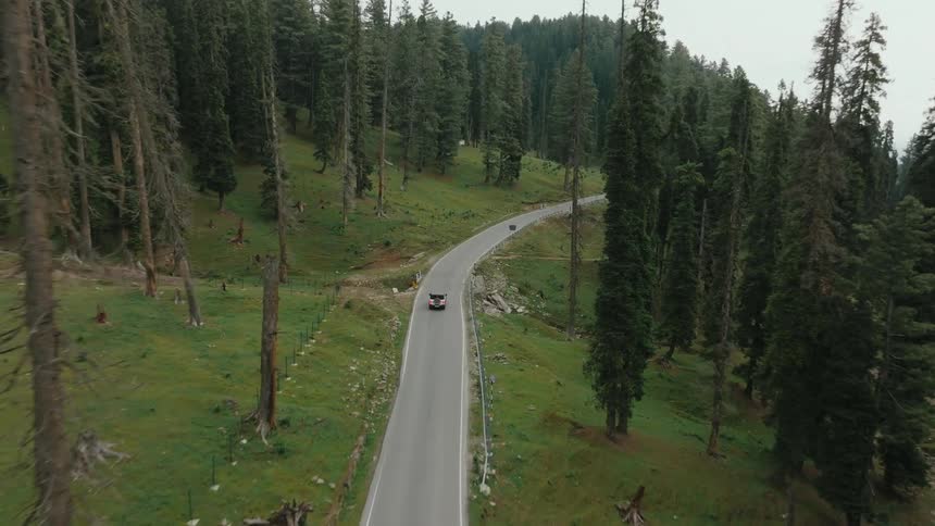 A car drives on a gray road that winds through a green hillside forest