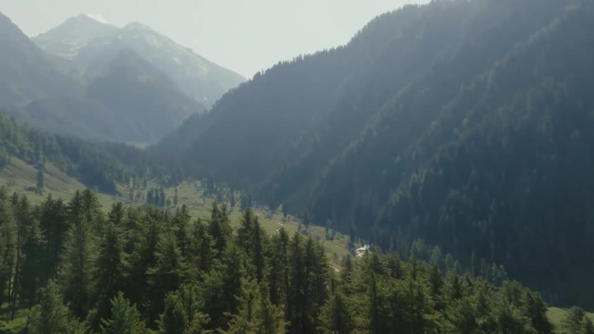 Aerial panorama of mountains with coniferous forests