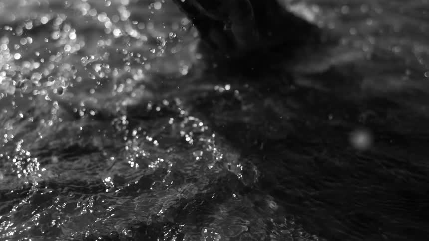 A closeup of bare feet splashing in shallow water while walking