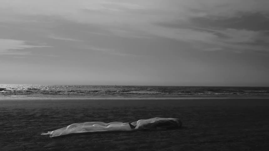 A person lies on the sand covered by a large piece of translucent fabric billowing in the wind with the ocean in the background