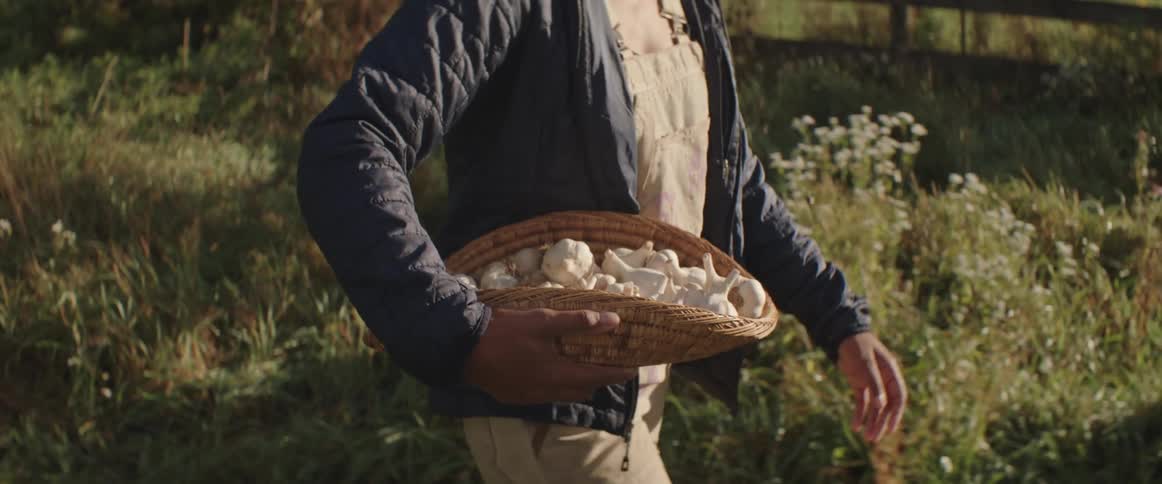 A person is carrying a woven basket filled with fresh garlic while walking through a field with tall grass and wildflowers