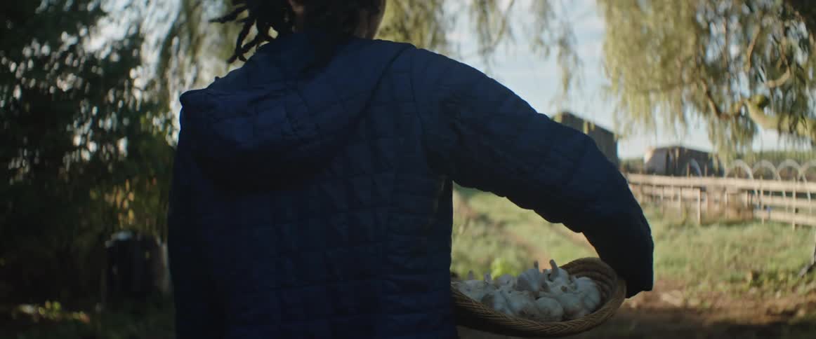 A woman in a blue jacket carries a basket of freshly harvested garlic