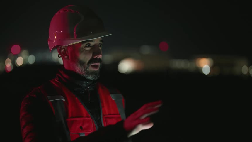 A man in a white protective helmet and wearing an orange vest is talking and gesturing with his hand forward in an outdoor night environment