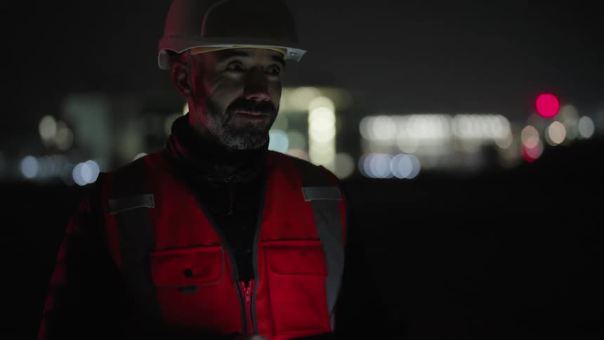 Man in white protective helmet and red warning vest is in a night environment interacting with a tablet