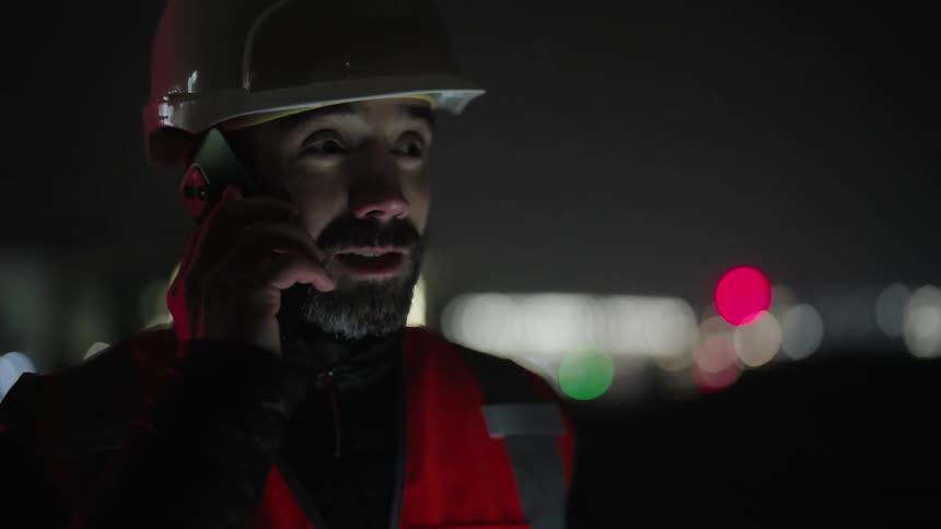 Man in helmet and vest talking on cell phone