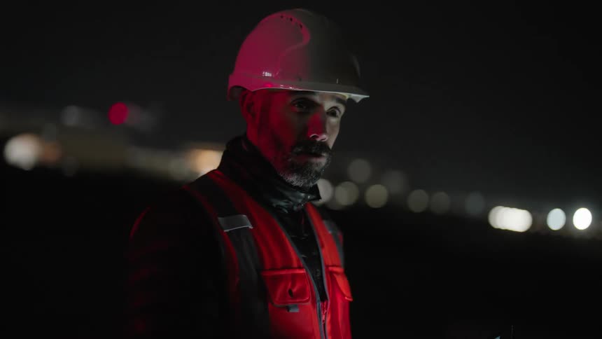 Engineer with helmet and reflective vest uses a tablet during a night inspection