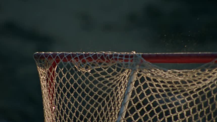 A net moves as it is struck by one of the people playing street hockey