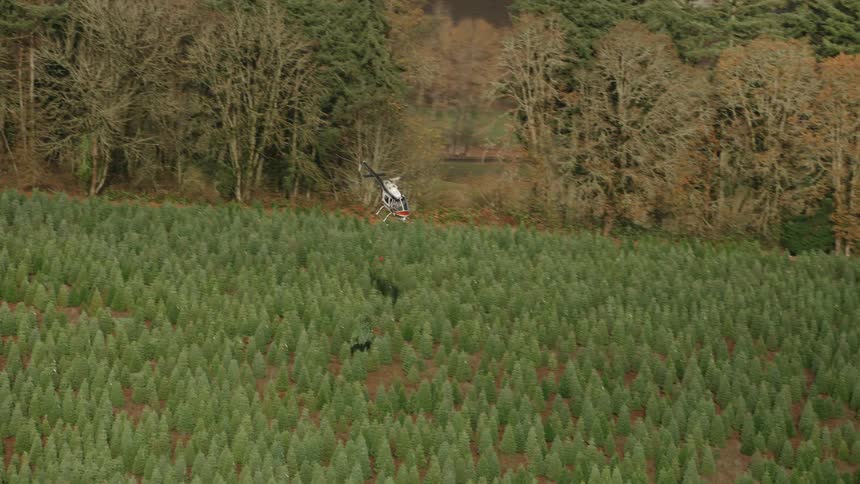Aerial view of a helicopter flying over crops and farmland and dropping something into a truck bed