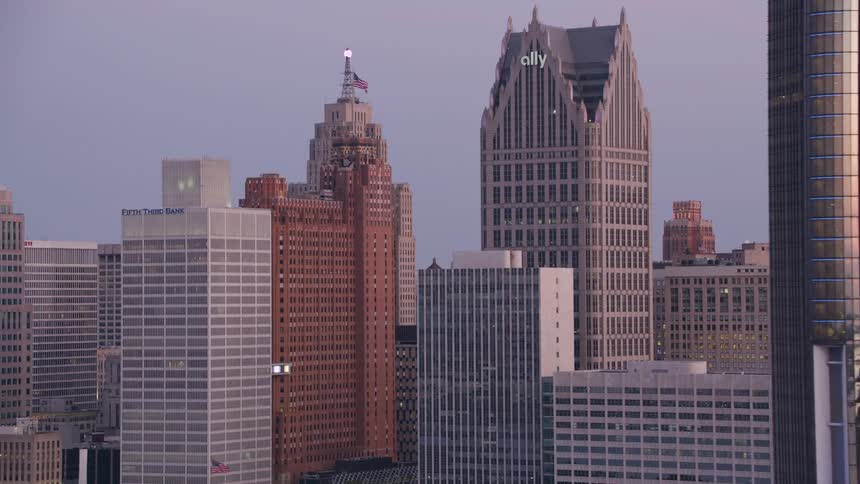 Skyscrapers reflect the evening light on the city skyline