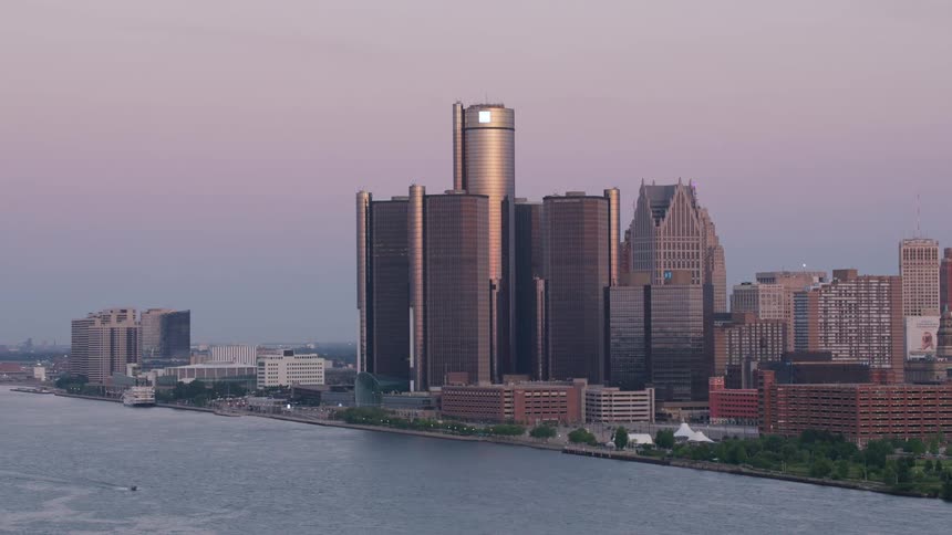 Aerial view of modern skyscrapers on the edge of a sea canal