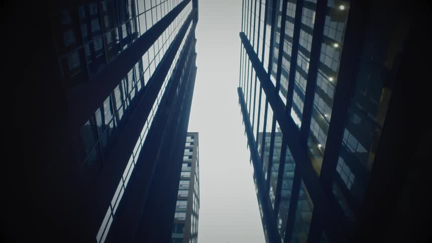 Overhead view of birds flying in a corridor between buildings in a metropolis