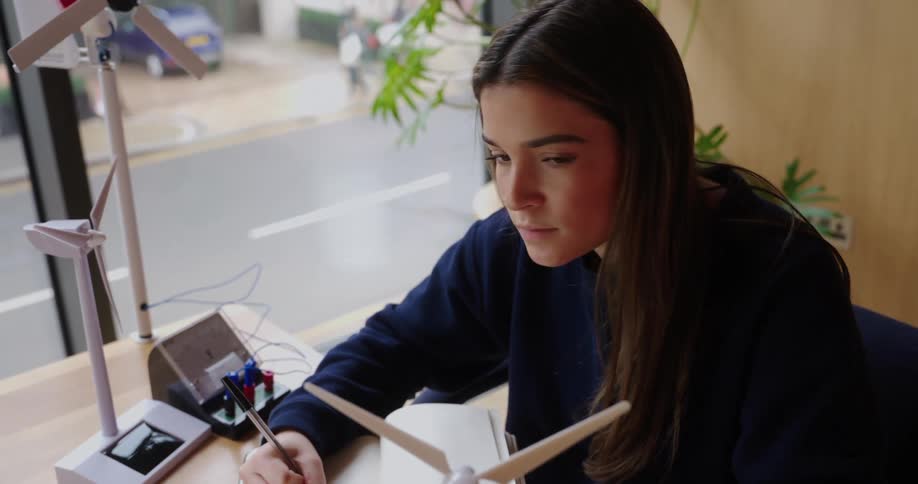 Woman examines a wind turbine model while taking notes in a notebook