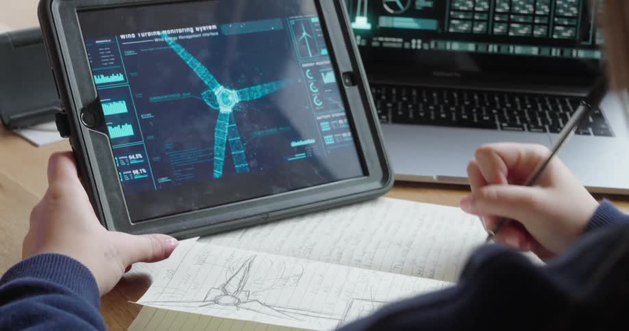 Person analyzes a digital engineering model on a tablet while taking notes in a notebook