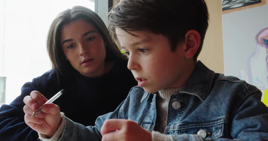 Young woman accompanying a boy studying
