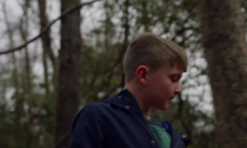 A clip of a boy walking in the woods