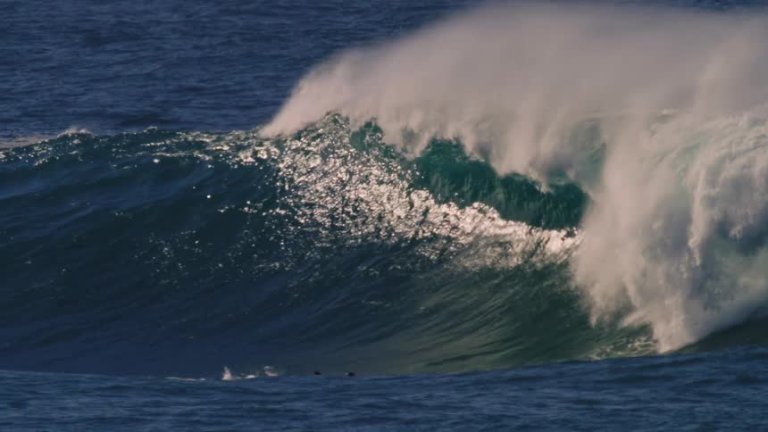 Group of surfers paddling down an imposing wave with a foamy crest at dusk