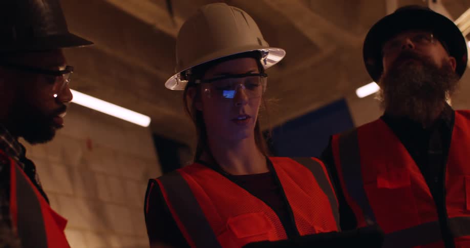 A female civil engineer is using a tablet and inspecting a construction site next to two male colleagues who are discussing with her.