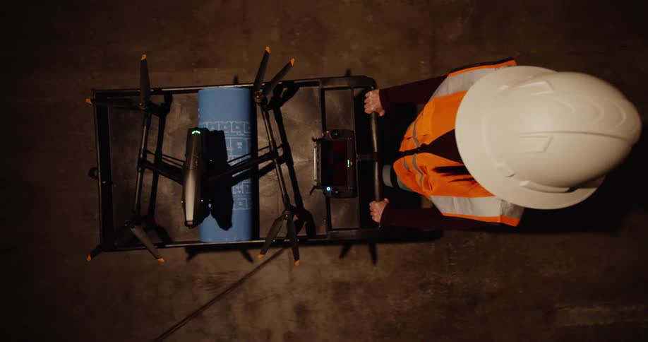 View looking down on a female construction worker wearing a hard hat and safety vest and pushing a cart with a drone and rolled-up blueprints on it in a building at night.