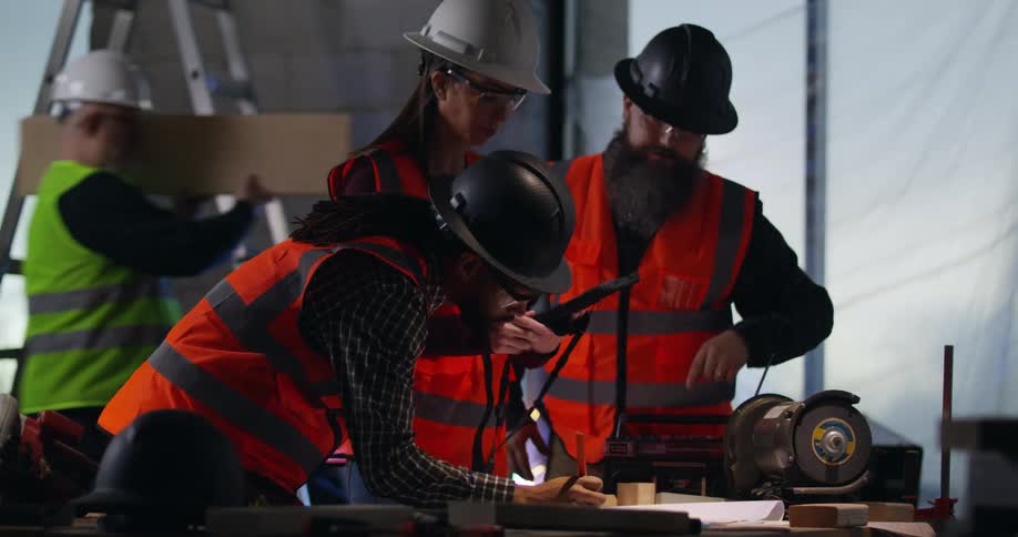 Two construction supervisors, a male and female, walk up to a black male foreman on duty who is analyzing and taking notes on a project and discuss building plans while in an active building construction site.