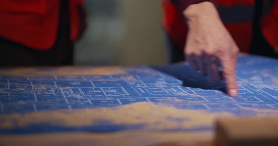 Hands of an engineer pointing out project plans on a set of blueprints that are spread on a table and covered in sawdust.