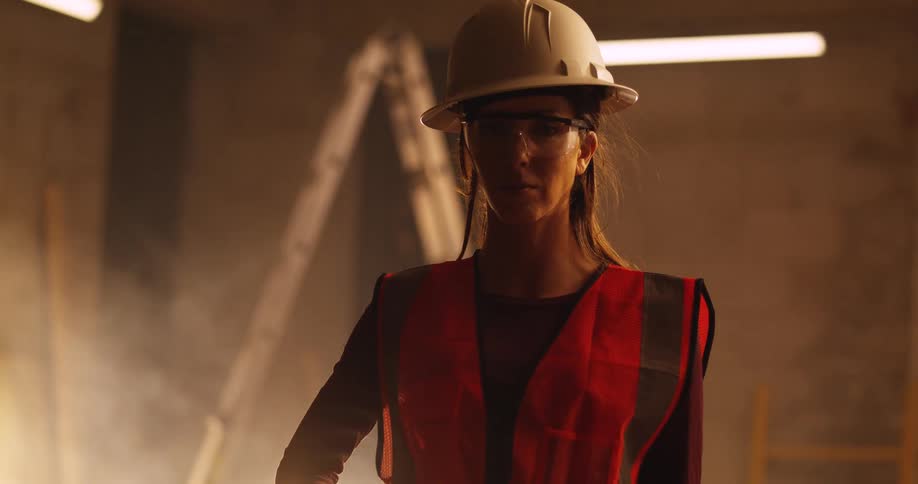 Portrait of a female worker at a building site wearing safety vest, eye protection, and hard hat standing with her face shadowed in an indoor construction zone.